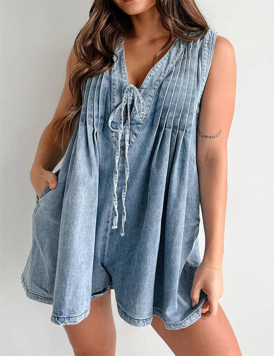 Denim Romper with Tie Front