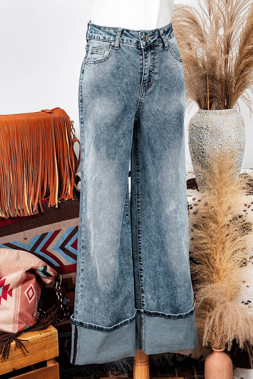 Fashion-W High Rise Button Zip Fly Medium Wash Jeans