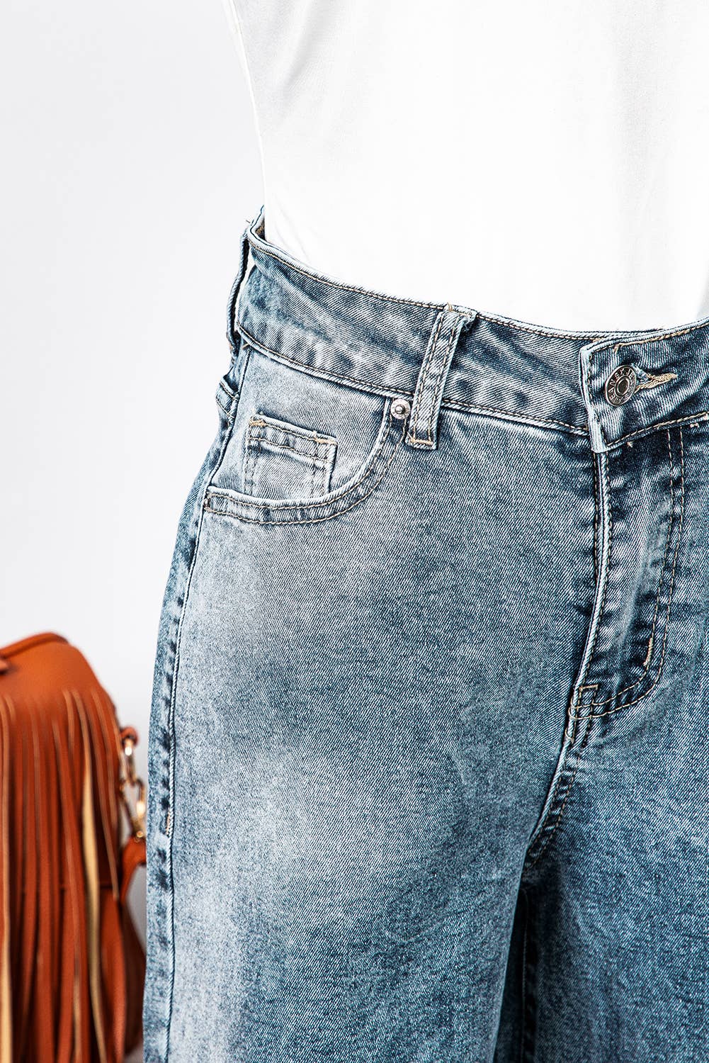 Fashion-W High Rise Button Zip Fly Medium Wash Jeans