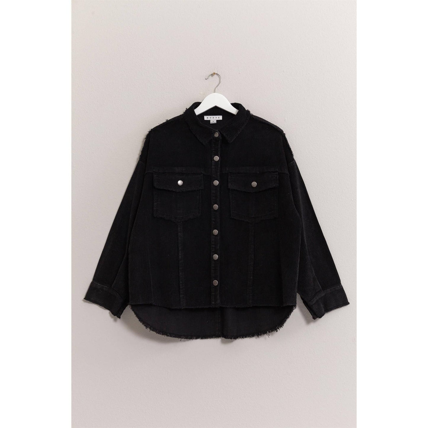 Washed Corduroy Frayed Shacket- Black
