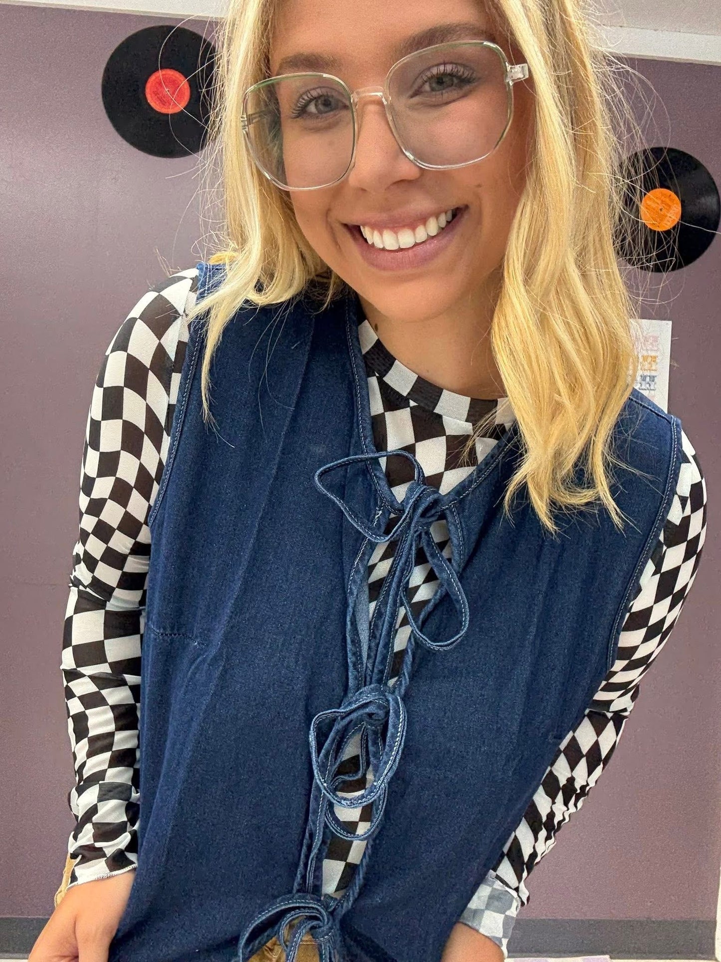 Checkered Pattern Mesh Long Sleeve Top