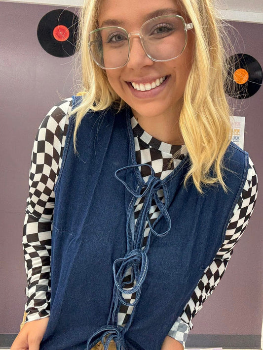 Checkered Pattern Mesh Long Sleeve Top