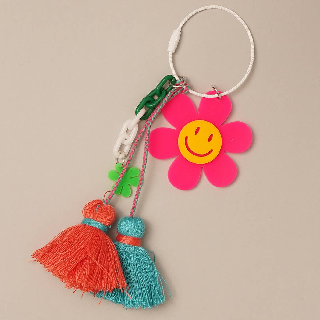 Happy Face Flower Color Tassel Keychain Bag Charm
