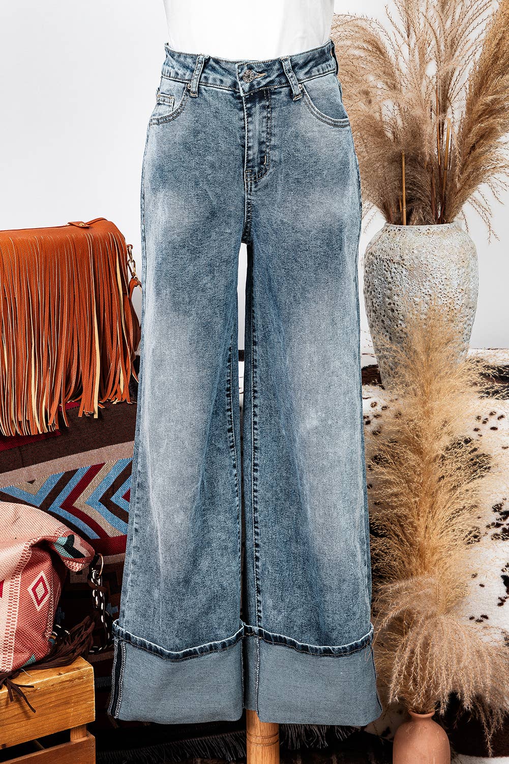 Fashion-W High Rise Button Zip Fly Medium Wash Jeans