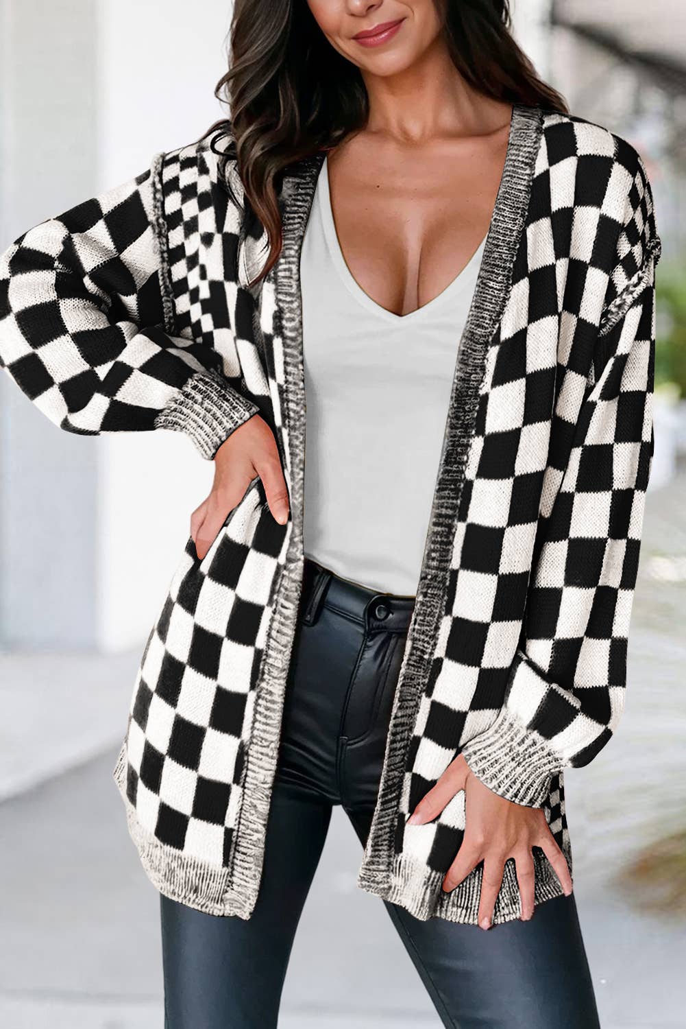 black checkered cardigan